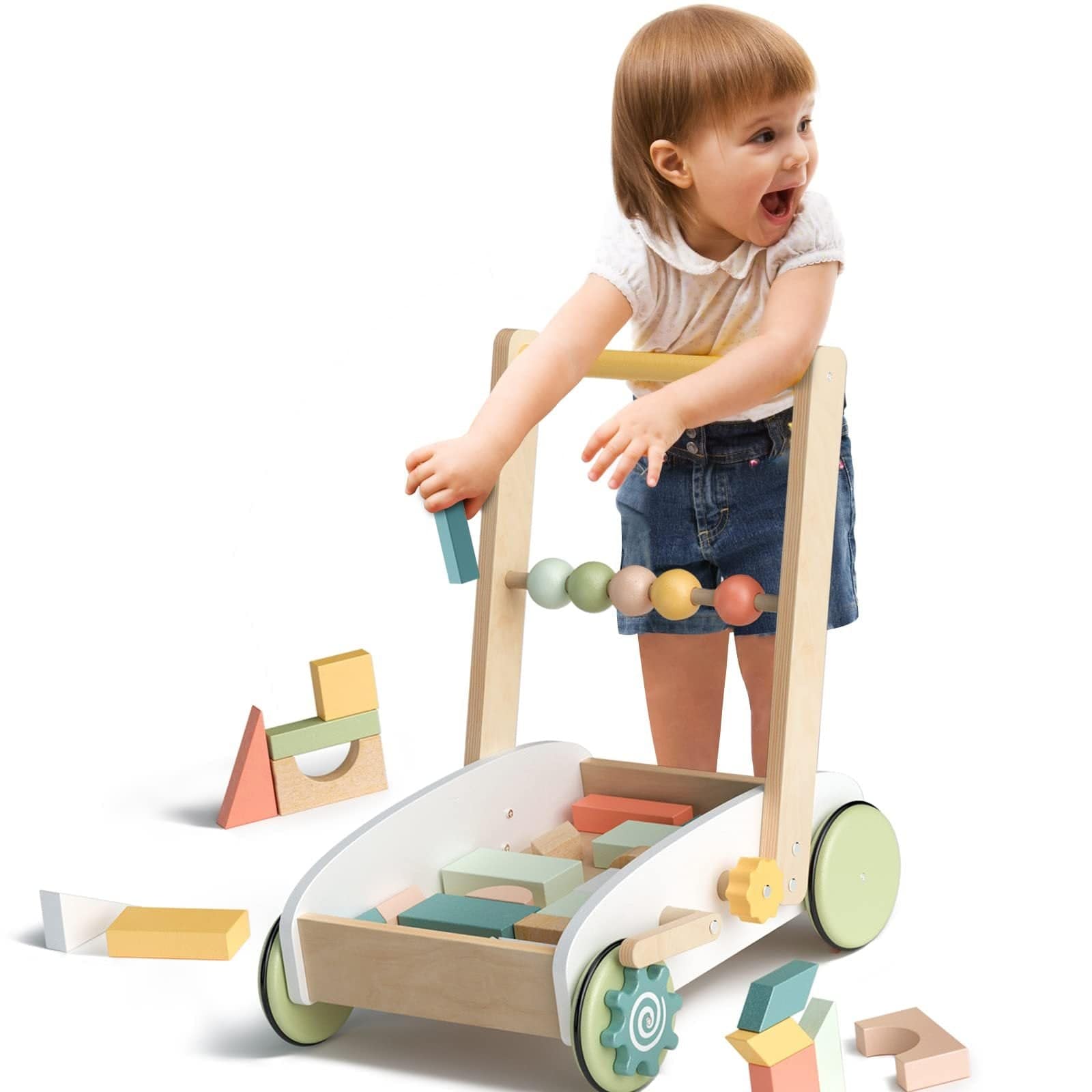 Wooden Activity Walker with Building Blocks