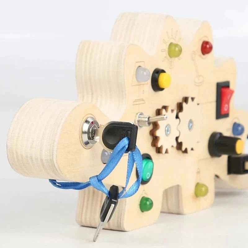 Wooden Busy Board with LED Lights & Gears