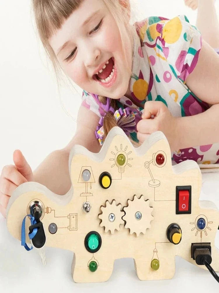Wooden Busy Board with LED Lights & Gears